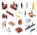 Isometric court, judge, litigation, lawyer, court and jurors. Judiciary pass and acquittal sentence vector illustration