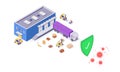 Isometric covid-19 safety warehouse delivery service transport box package goods food parcel cargo vector illustration