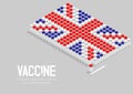 Isometric covid-19 vaccine bottle and syringe, United Kingdom national flag shape, Global Vaccination Campaign Country concept
