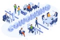 Isometric coworking concept. Freelance business people work in open office space vector illustration. Coworking 3d
