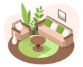 Isometric cozy apartment interior, contemporary living room 3d furniture. Living room with sofa, armchair and potted