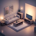 Isometric cozy furnished living room, AI generated 3D illustration