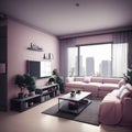 Isometric cozy furnished living room, AI generated 3D illustration