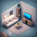 Isometric cozy furnished living room, AI generated 3D illustration