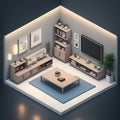 Isometric cozy furnished living room, AI generated 3D illustration