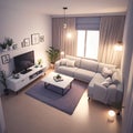 Isometric cozy furnished living room, AI generated 3D illustration