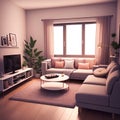 Isometric cozy furnished living room, AI generated 3D illustration