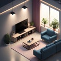 Isometric cozy furnished living room, AI generated 3D illustration