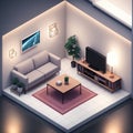 Isometric cozy furnished living room, AI generated 3D illustration