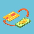 Isometric credit card and money with cash back sign