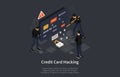 Isometric credit card security concept. Credit card hacking attack by hackers. Vector illustration Royalty Free Stock Photo