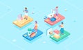 Isometric credit card type with people or customer on it, use the card for various needs. shopping food, clothing, education and