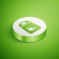 Isometric Croissant package icon isolated on green background. White circle button. Vector