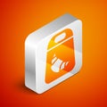 Isometric Croissant package icon isolated on orange background. Silver square button. Vector