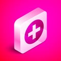 Isometric Cross hospital medical icon isolated on pink background. First aid. Diagnostics symbol. Medicine and pharmacy Royalty Free Stock Photo