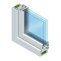 Isometric Cross-section diagram of a triple glazed window pane PVC profile laminated wood grain, classic white. Flat
