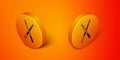 Isometric Crossed billiard cues icon isolated on orange background. Orange circle button. Vector