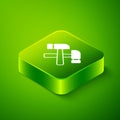 Isometric Crossed hammer icon isolated on green background. Tool for repair. Green square button. Vector