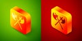 Isometric Crossed medieval axes icon isolated on green and red background. Battle axe, executioner axe. Medieval weapon