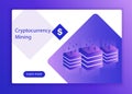 Isometric crypto mining concept banner. Concept of cryptocurrency mining. Vector Illustration with robotic organism. Royalty Free Stock Photo