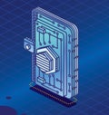 Isometric Crypto Wallet with Cryptocurrency. Outline Detailed Icon for Cryptocurrency Storage App. Blockchain Technology