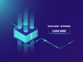 Isometric Cryptocurrency and Blockchain concept banner, processing of big data, server room concept, information center