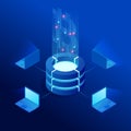 Isometric cryptocurrency business people miner and coins concept. Bitcoin cryptocurrency mining farm. Cryptocurrency