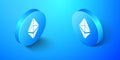 Isometric Cryptocurrency coin Ethereum ETH icon isolated on blue background. Digital currency. Altcoin symbol