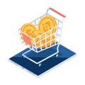 Isometric Cryptocurrency Coin Inside Shopping Cart on Digital Tablet