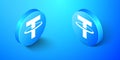 Isometric Cryptocurrency coin Tether USDT icon isolated on blue background. Physical bit coin. Digital currency. Blockchain based