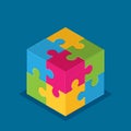 Isometric cube of four joined puzzle pieces of various colors