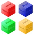 Isometric cubes in shaded blues, reds, greens and yellows