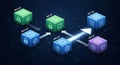 Isometric view of colored cubes with icons and arrows showing transfer concept on dark background Royalty Free Stock Photo