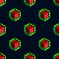 Isometric cubic watermelons on dark background. Seamless pattern. Flat vector illustration