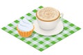 Isometric cup with black coffee with cake.