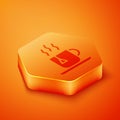 Isometric Cup of tea with tea bag icon isolated on orange background. Orange hexagon button. Vector Illustration Royalty Free Stock Photo