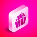 Isometric Cupcake icon isolated on pink background. Silver square button. Vector Royalty Free Stock Photo