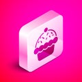 Isometric Cupcake icon isolated on pink background. Silver square button. Vector Royalty Free Stock Photo