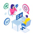 Isometric customer service. Customer and Operator. Customer service agent sitting at the office. Online global technical