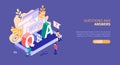 Isometric customer support faq horizontal banner with slider button editable text and smartphone chat bubble images vector