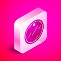 Isometric Cutting board icon isolated on pink background. Chopping Board symbol. Silver square button. Vector
