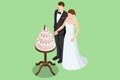 Isometric Cutting of the Wedding Cake. The bride and the groom are cutting their wedding cake at the wedding banquet.