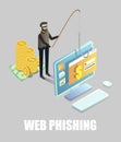 Isometric cyber thief hacking bank account card data from computer with fishing rod, vector illustration. Web phishing.