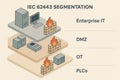 Isometric cybersecurity segmentation illustration based on IEC 62443 showing IT layers including PLCs, OT, DMZ, enterprise Royalty Free Stock Photo