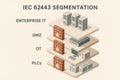 Isometric cybersecurity segmentation illustration based on IEC 62443 showing IT layers including PLCs, OT, DMZ, enterprise Royalty Free Stock Photo