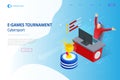 Isometric Cybersports competition. Cybersport arena with gamers. Online game tournament in player vs player format