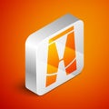 Isometric Cycling shorts icon isolated on orange background. Silver square button. Vector