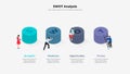 Isometric cylinders with SWOT letters and characters. Strength, weakness, opportunity and threat design Royalty Free Stock Photo