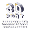 Isometric 3d alphabet. Three dimensional simple font with letters and numbers, cubic abc alphabet vector illustration set Royalty Free Stock Photo