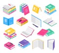 Isometric 3d books. Open and closed school textbooks with bookmarks, book stacks. Academic literature, education Royalty Free Stock Photo